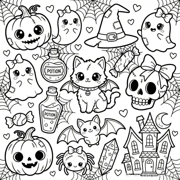 Жутко милая раскраска Creepy Cute хэллоуинский набор — раскраска (Предметы), распечатать бесплатно А4