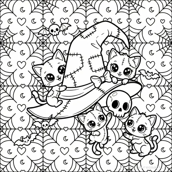 Жутко милая раскраска Creepy Cute шляпа ведьмы и котята — раскраска (Предметы), распечатать бесплатно А4
