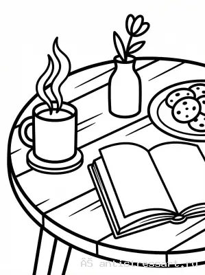 Раскраска Кофейный столик с чашкой и книгой — раскраска распечатать бесплатно