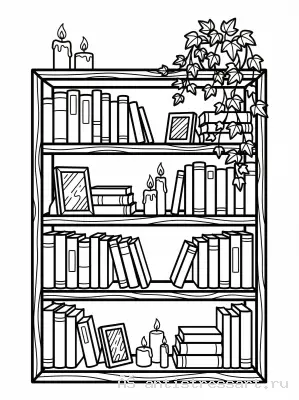 Раскраска Полка с книгами и свечами — раскраска распечатать бесплатно