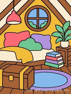 Уютный чердак с книгами — раскраска распечатать бесплатно