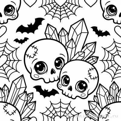 Жутко милая раскраска Creepy Cute кристаллы и черепа — раскраска распечатать бесплатно