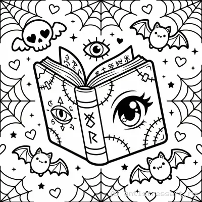 Жутко милая раскраска Creepy Cute магическая книга и глаз — раскраска распечатать бесплатно