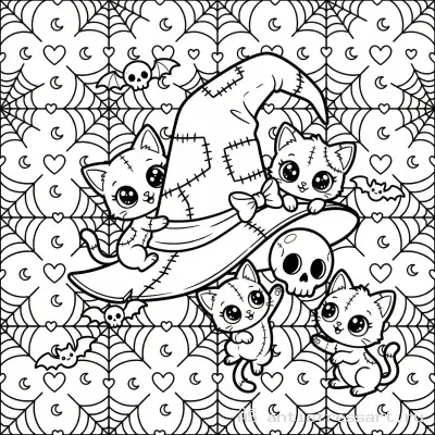 Жутко милая раскраска Creepy Cute шляпа ведьмы и котята — раскраска распечатать бесплатно