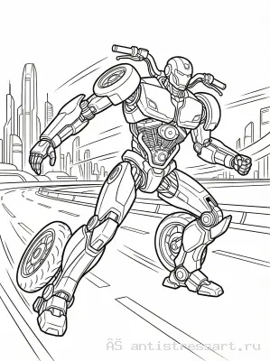 Робот-мотоцикл в городе будущего — раскраска распечатать бесплатно
