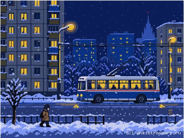 Пиксельный троллейбус в ночном городе — раскраска (Техника), формат А4 — цветной образец