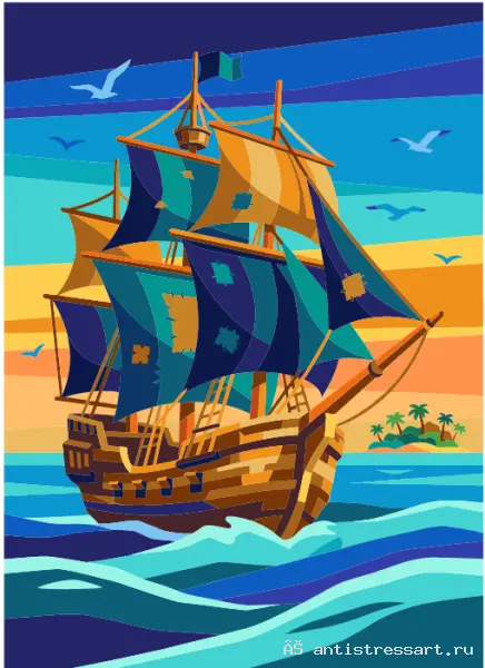 Старинный корабль в море — раскраска (Техника), распечатать бесплатно А4 — цветной образец